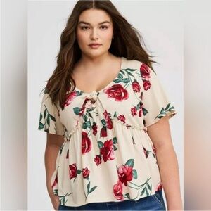 Torrid women’s 2x Heritage Jersey Tie-Front Babydoll Top red rose floral